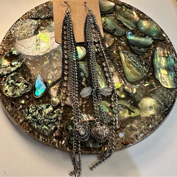 Boho Goth Multi-Strand Dangle Earrings – Crystal, Chain & Charm Detail - Picture 1 of 7